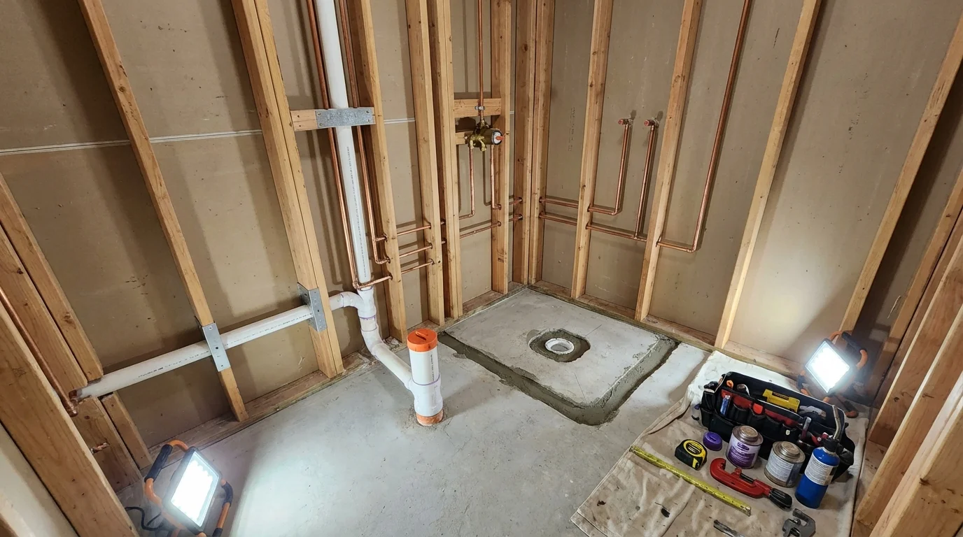Bathroom rough-in plumbing during remodel by Johns Plumbing LLC in Sabetha