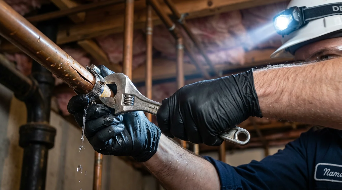 Emergency pipe clamp repair being performed by a Johns Plumbing LLC plumber in Sabetha