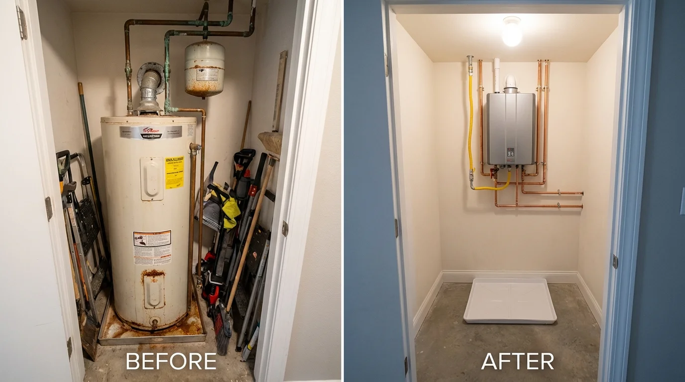 Tank water heater versus wall-mounted tankless unit comparison for Sabetha, KS homeowners