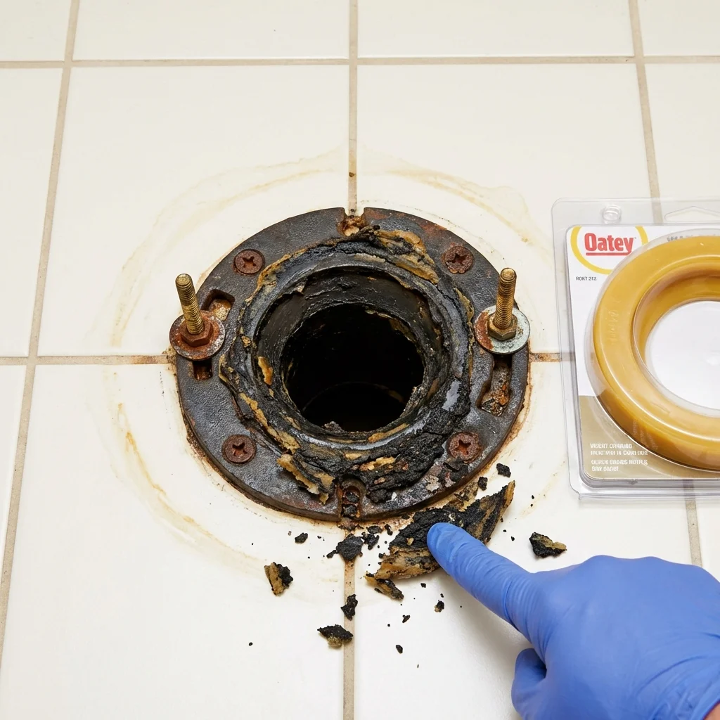 Failed wax ring showing water seepage at the base of a toilet in a Sabetha, KS home