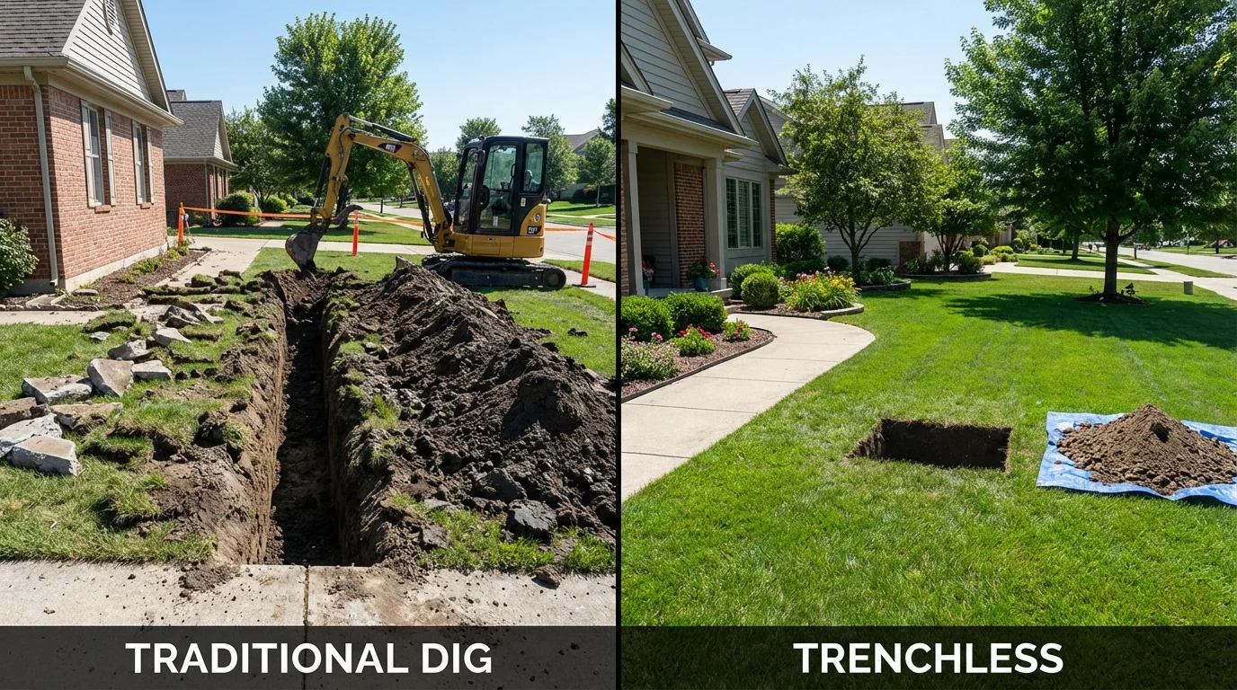 Trenchless sewer repair with minimal yard damage versus traditional excavation in Sabetha, KS
