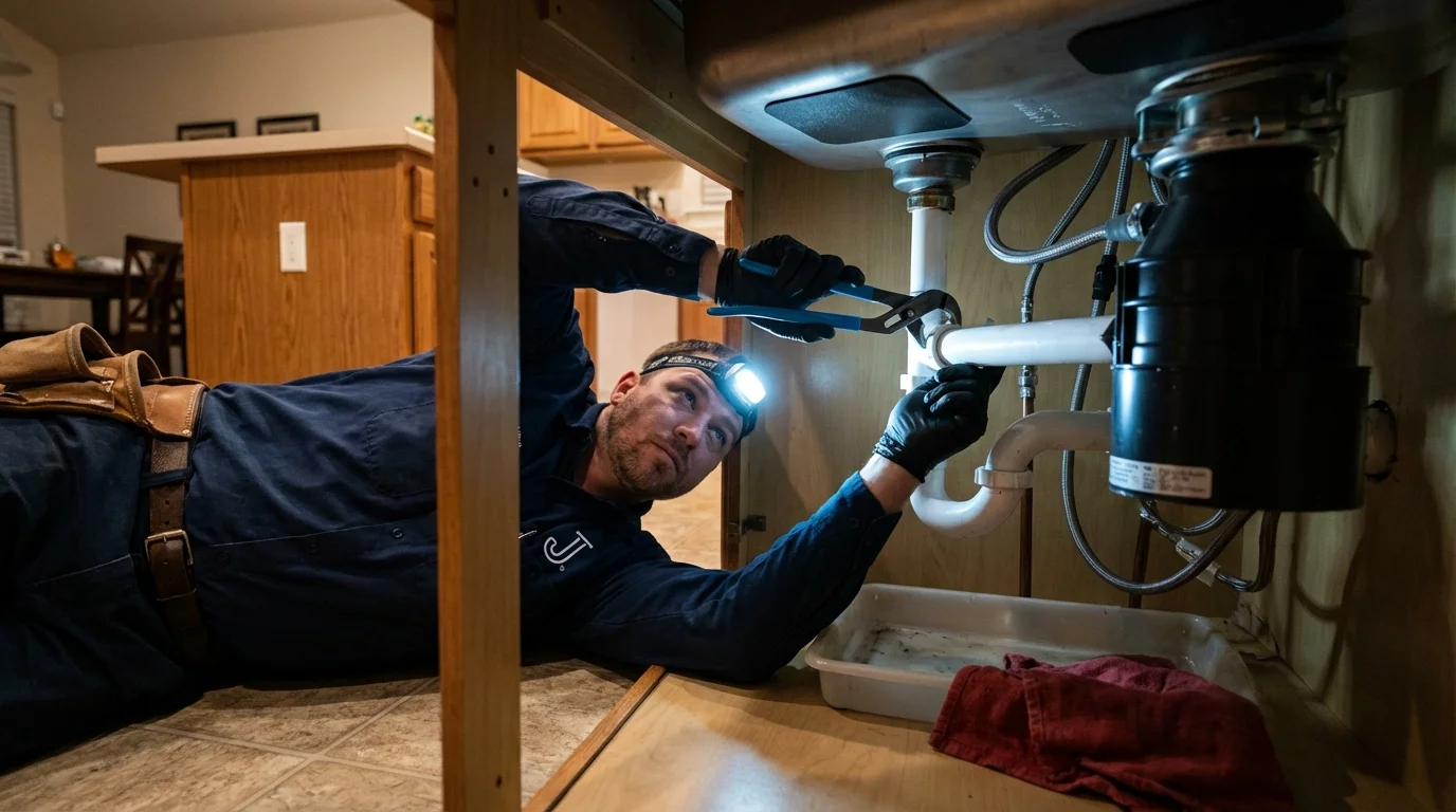 P-trap and supply line connections under a kitchen sink showing a common leak point in Sabetha, KS